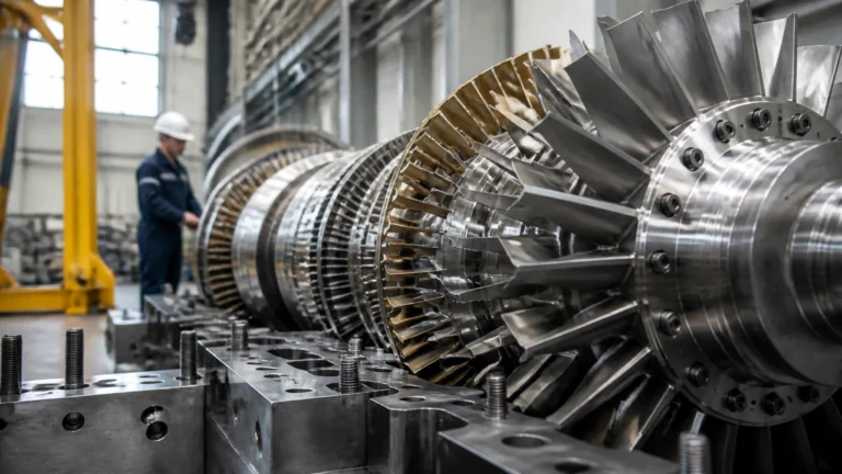 Professional high-resolution photograph of a large industrial gas turbine under maintenance, showing metallic components with technical precision.