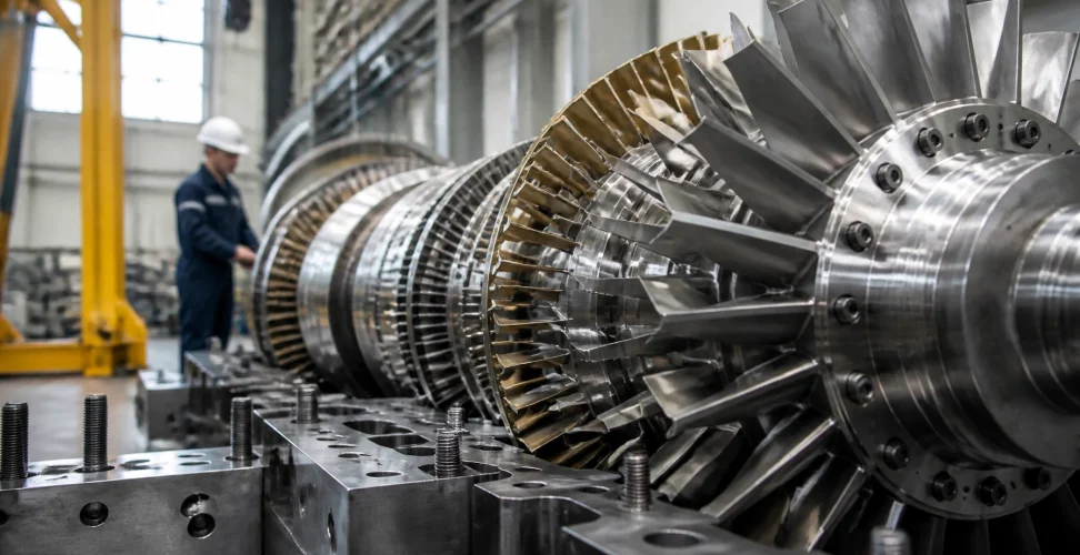 Professional high-resolution photograph of a large industrial gas turbine under maintenance, showing metallic components with technical precision.